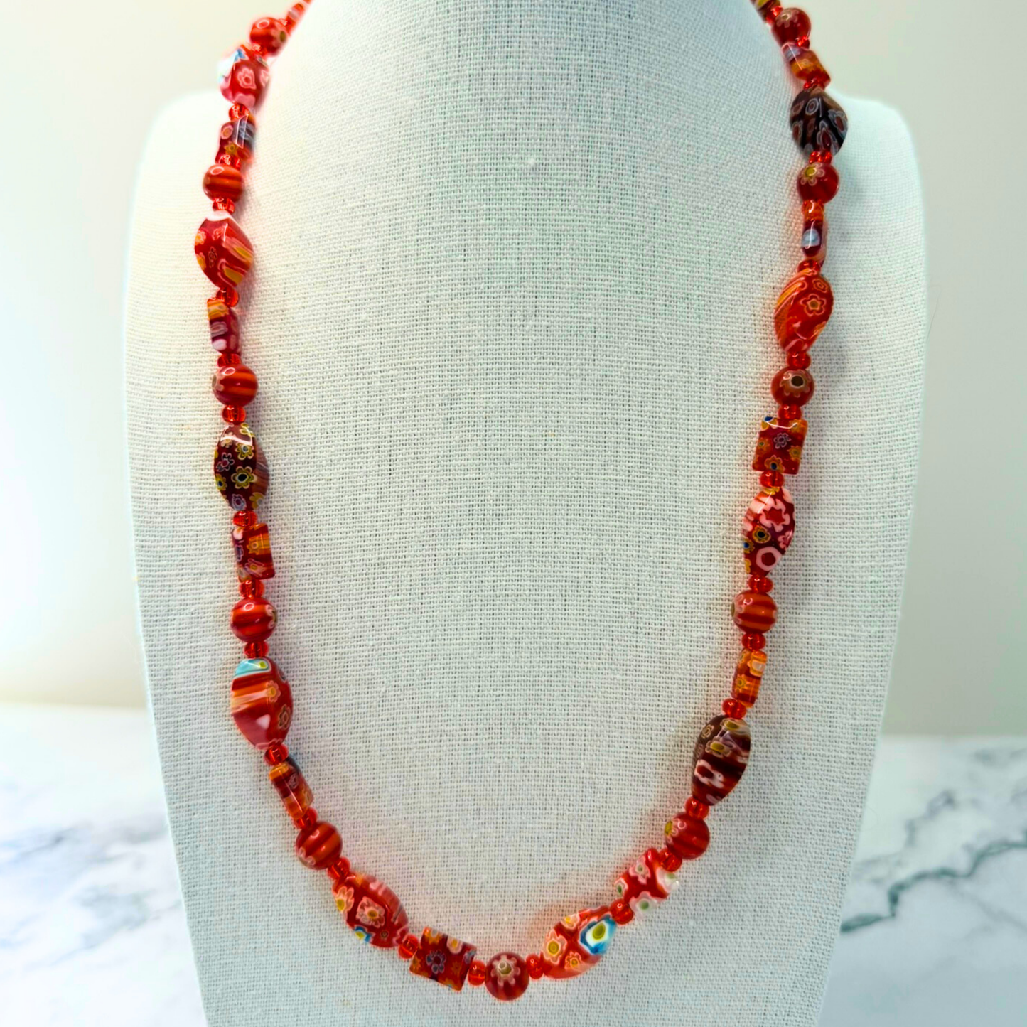 Millefiori Flower Necklace – Poppy, Colorful Glass Jewelry in Bold Red Floral Design, Stainless Steel