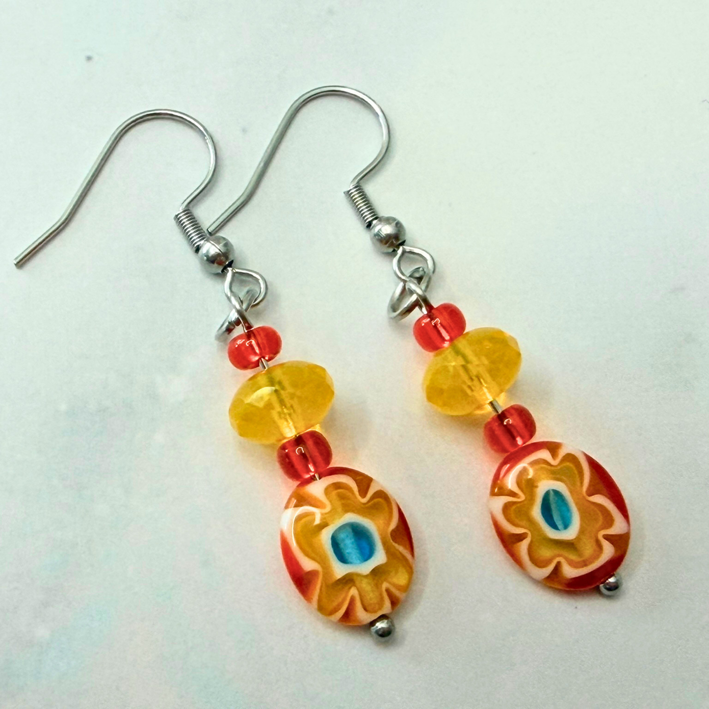 Sunshine Blossom Millefiori Earrings – Red & Yellow Floral Glass