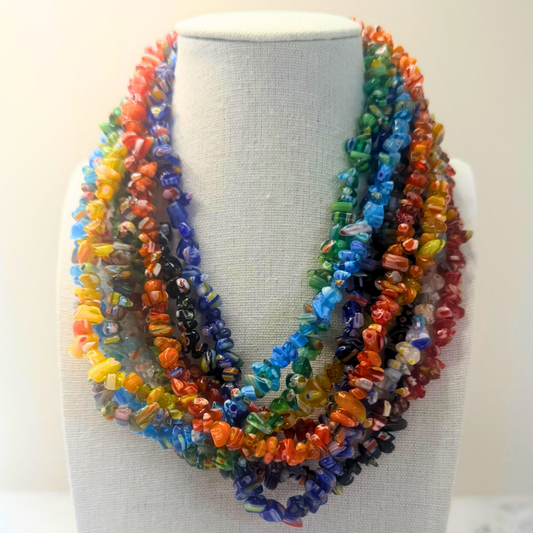 Millefiori Flower Necklace – Confetti, Rainbow Glass Jewelry in Multicolor Floral Design, Stainless Steel
