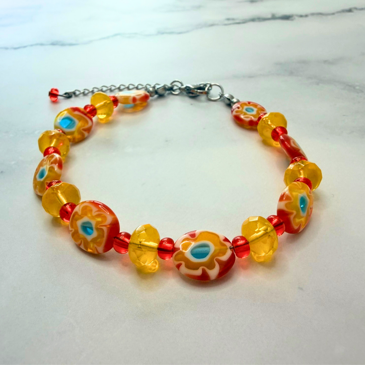 Sunshine Blossom Millefiori Bracelet – Red & Yellow Floral Glass