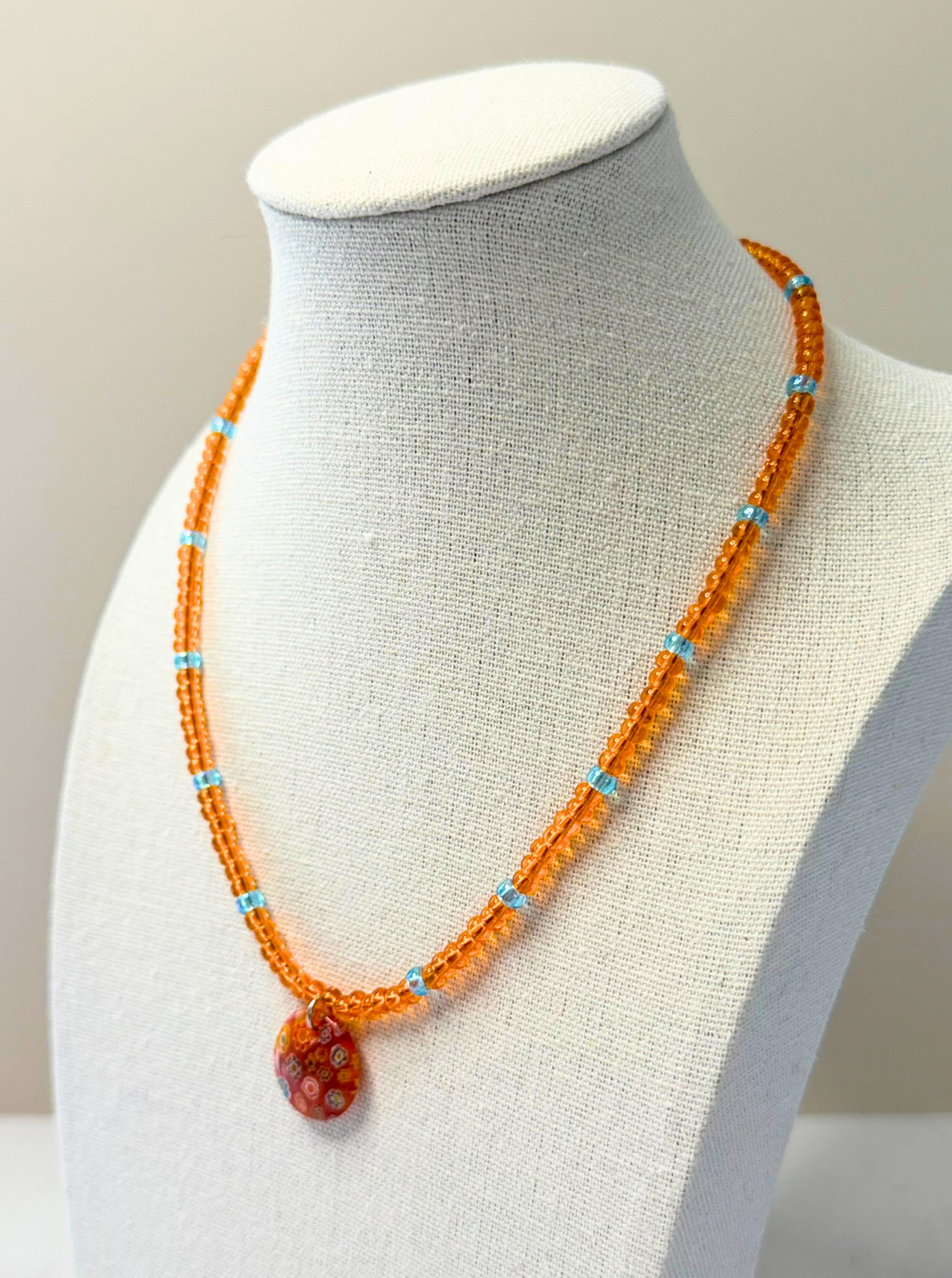 Tropical Daydream Millefiori Necklace – Orange Beaded Floral Glass Pendant