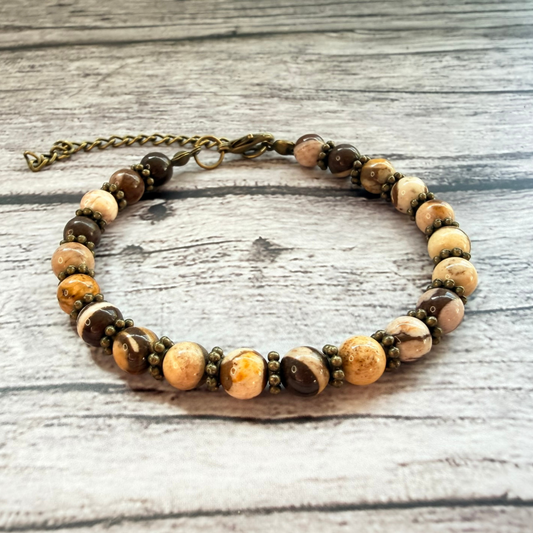 Brown Zebra Jasper Bracelet – Boho Earth Tone Gemstone Jewelry, Antique Bronze