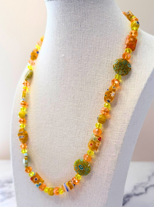 Millefiori Flower Necklace – Sunflower, Colorful Glass Jewelry in Bright Yellow Floral Design, Stainless Steel
