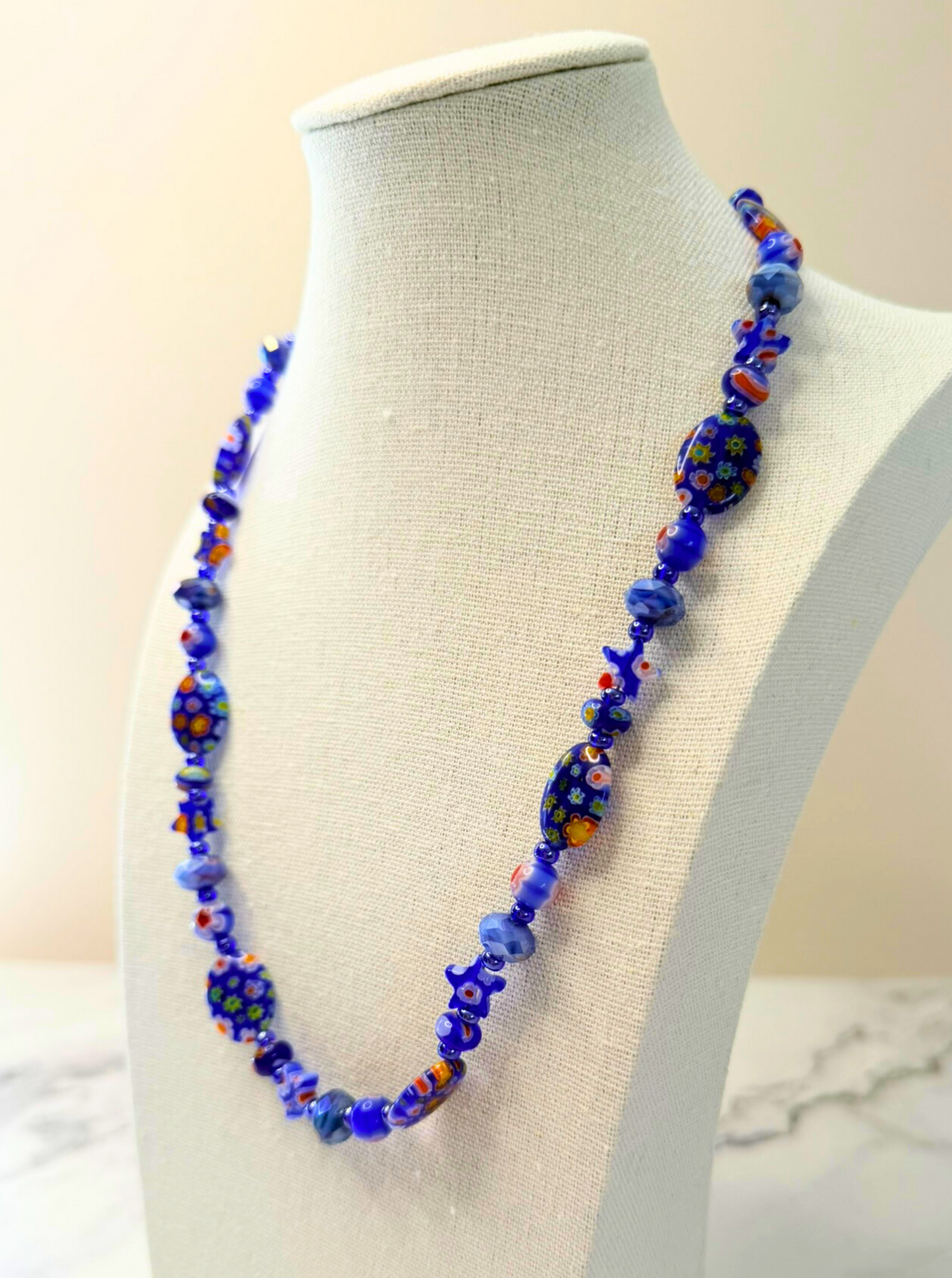 Millefiori Flower Necklace – Bluebonnet, Colorful Glass Jewelry in Bold Blue Floral Design, Stainless Steel