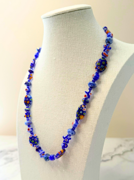 Millefiori Flower Necklace – Bluebonnet, Colorful Glass Jewelry in Bold Blue Floral Design, Stainless Steel