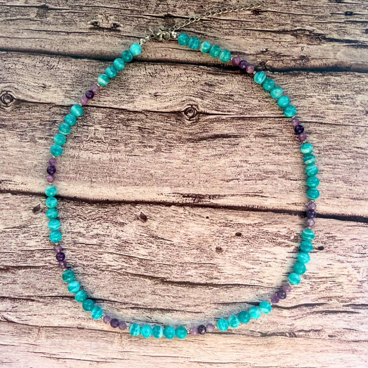 AAA Amazonite & Lepidolite Gemstone Necklace – Teal & Lavender Boho Chic Jewelry