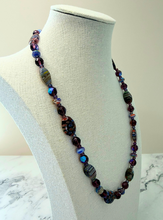 Millefiori Flower Necklace – Violet, Colorful Glass Jewelry in Purple Floral Design, Stainless Steel