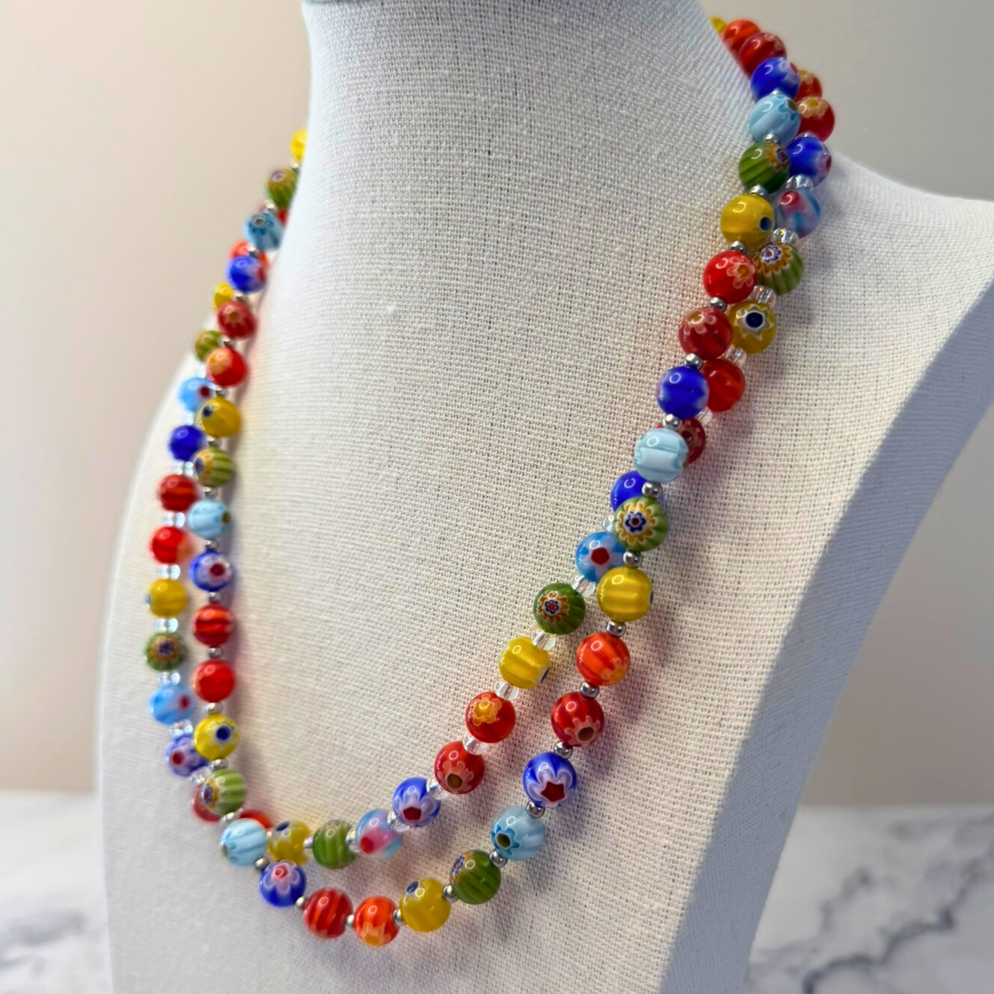 Millefiori Flower Necklace – Enchanted Garden, Rainbow Glass Jewelry for Everyday Wear, Stainless Steel