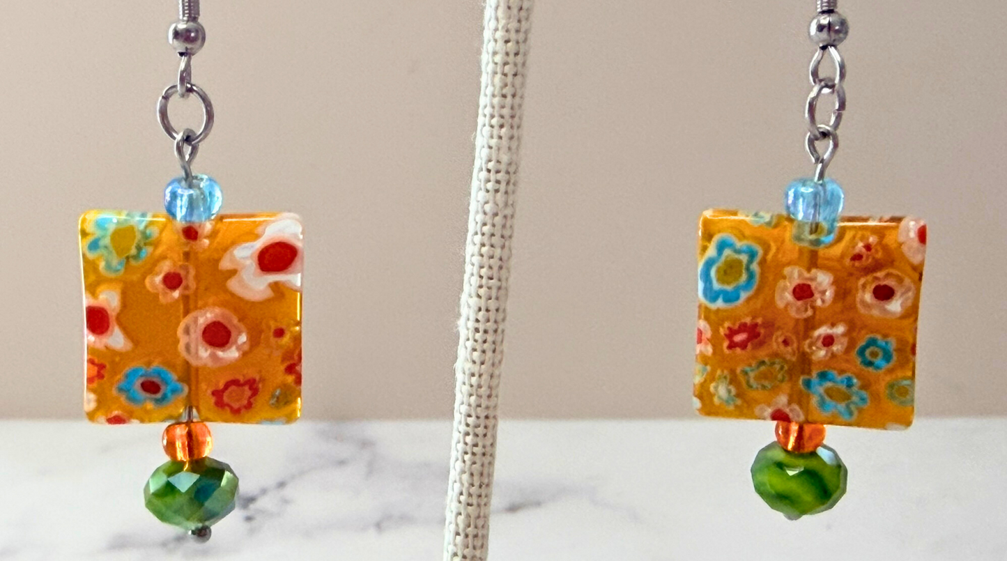 Millefiori Flower Earrings – Sunshine Garden, Colorful Glass Jewelry in Bright Yellow Tones, Stainless Steel