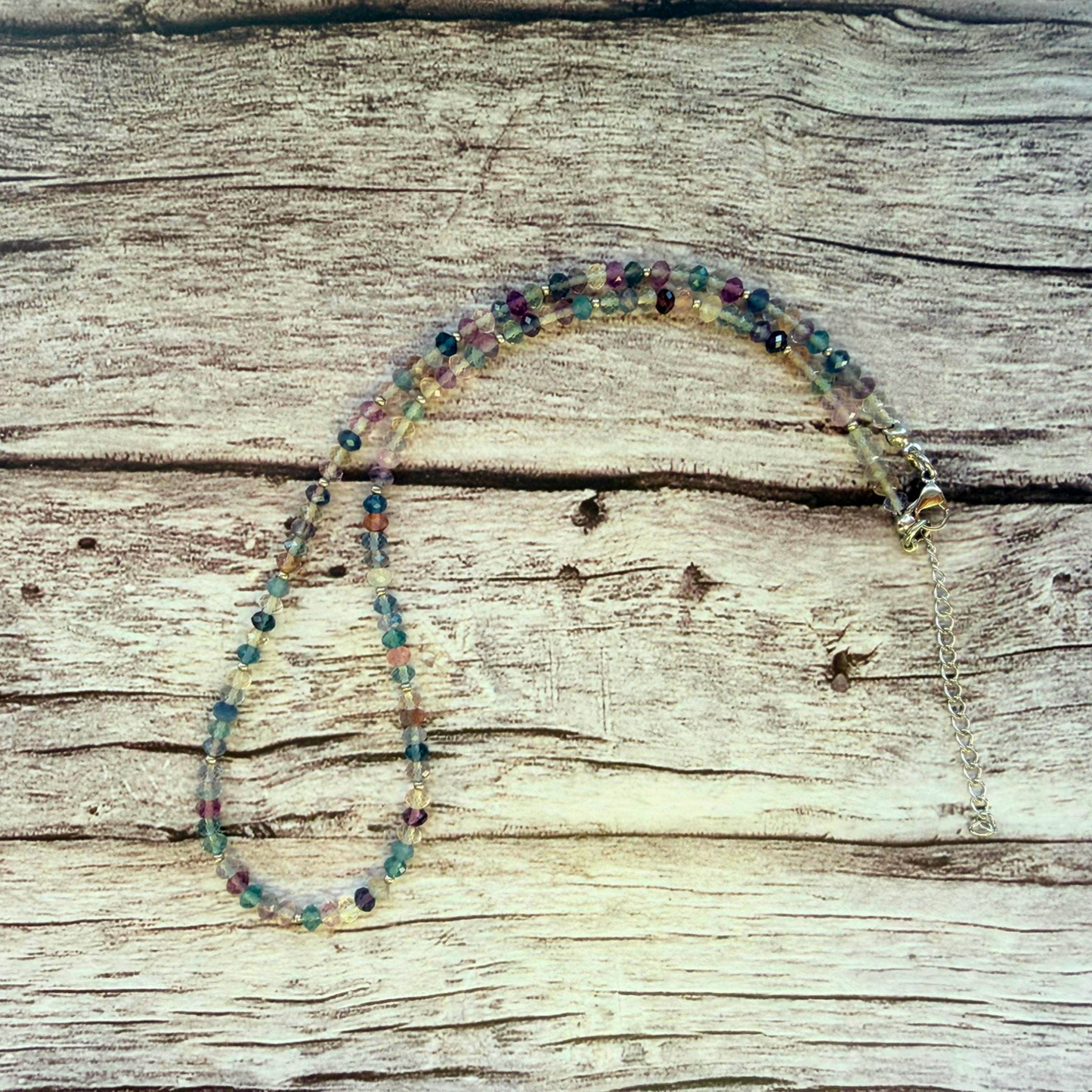 Faceted Fluorite Necklace – Minimalist Multicolor Gemstone Jewelry, Stainless Steel