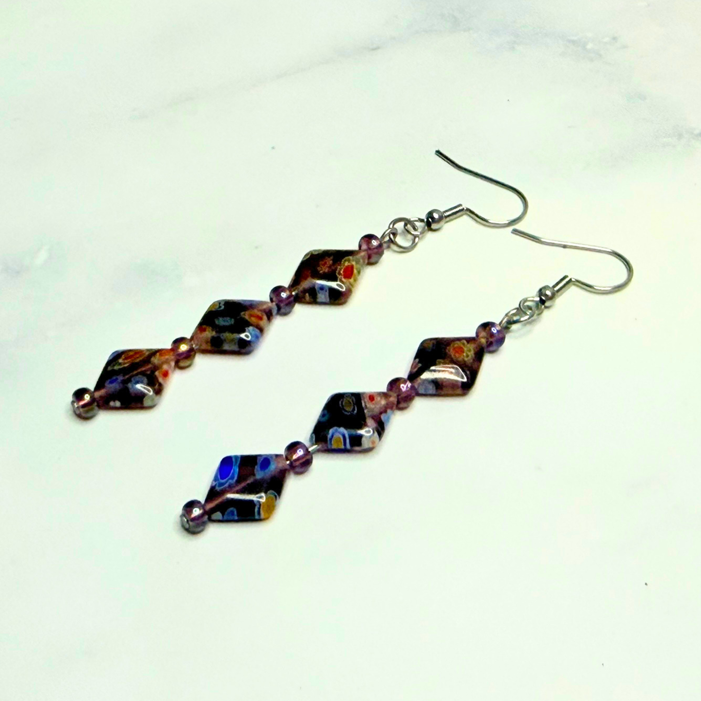 Cosmic Garden Earrings – Purple Millefiori & Amethyst Statement Dangles