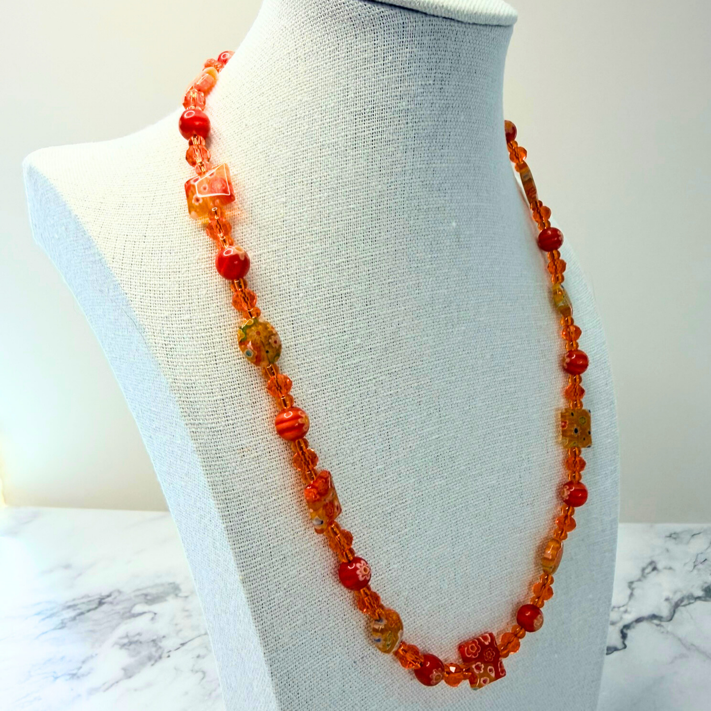 Millefiori Flower Necklace – Tiger Lily, Colorful Glass Jewelry in Orange Floral Design, Stainless Steel