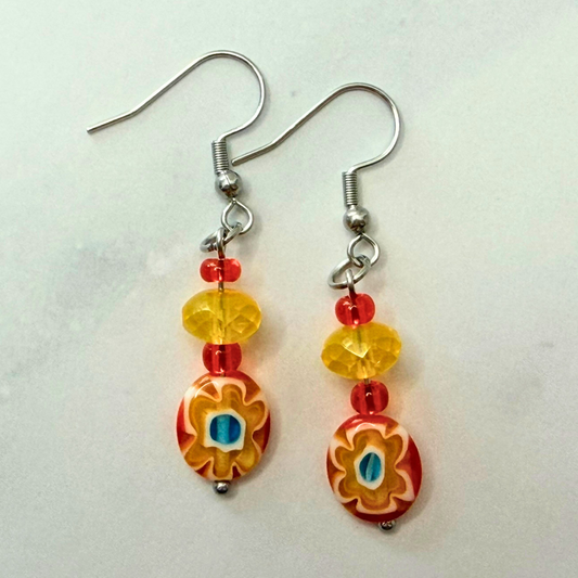 Sunshine Blossom Millefiori Earrings – Red & Yellow Floral Glass