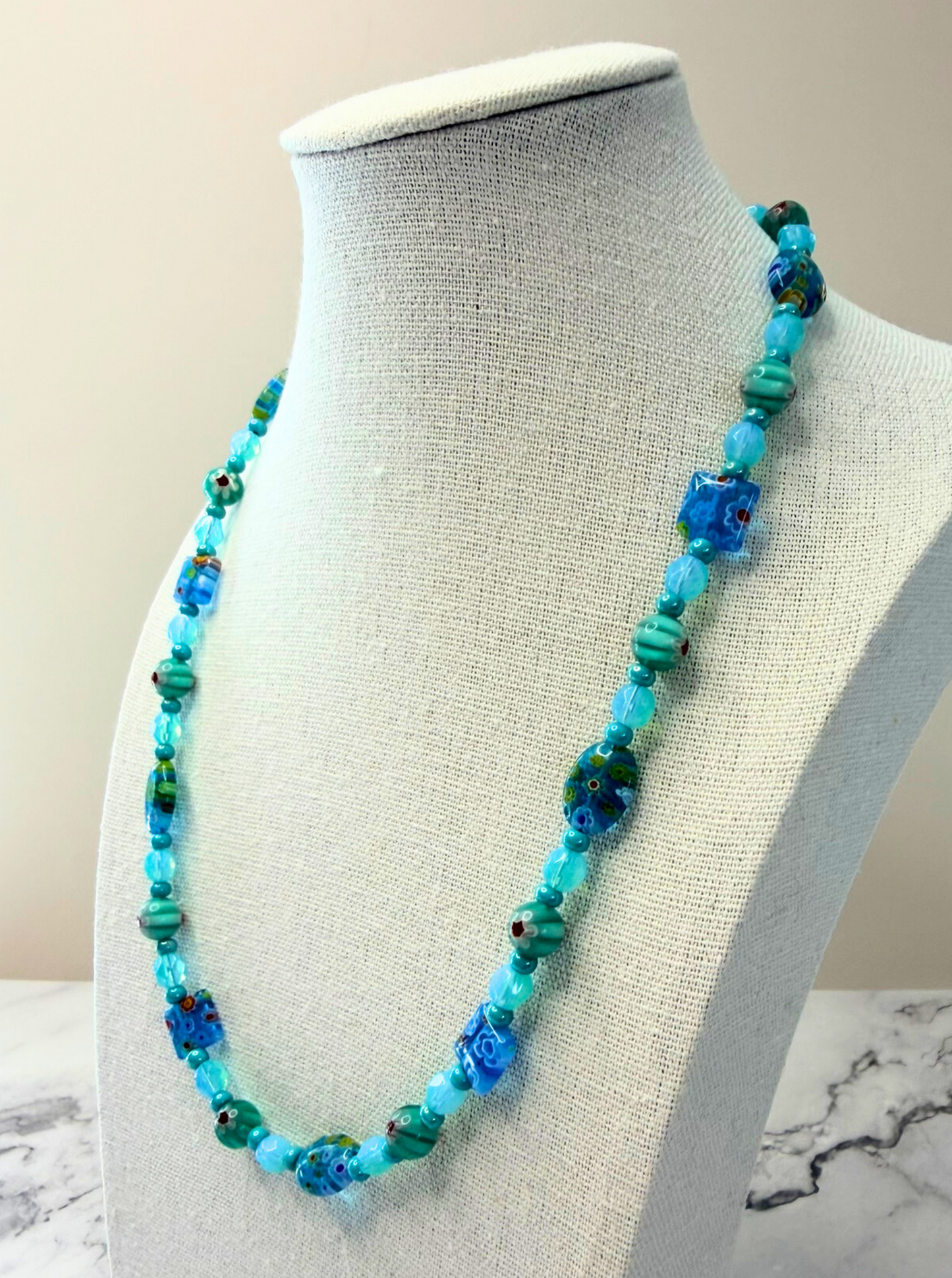 Millefiori Flower Necklace – Lagoon, Colorful Glass Jewelry in Aqua Blue Floral Design, Stainless Steel