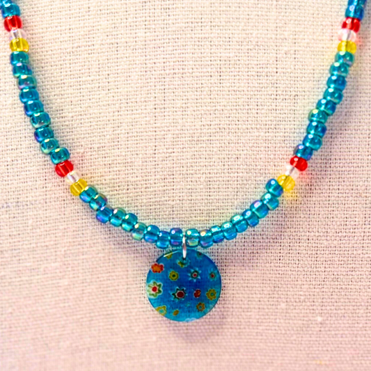Seaside Daydream Millefiori Necklace – Teal Beaded Floral Glass Pendant
