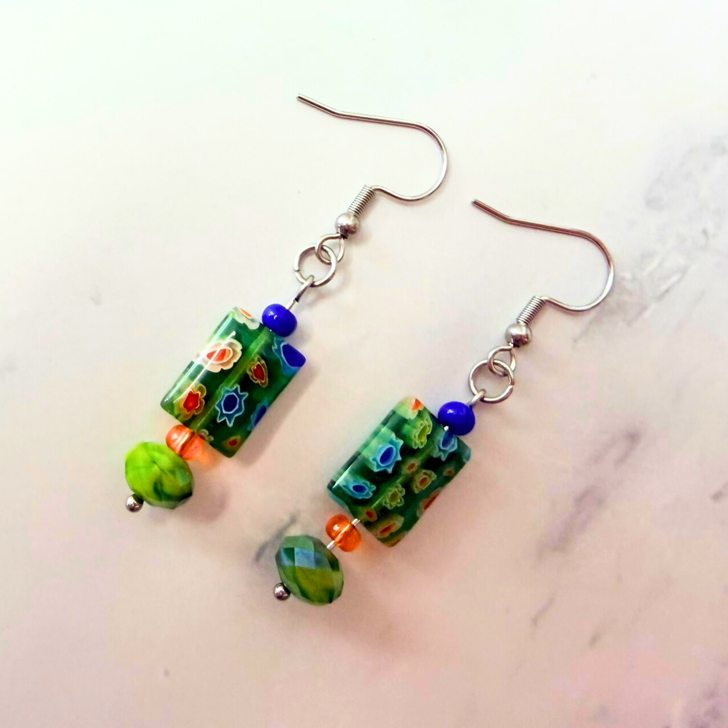 Millefiori Flower Earrings – Hidden Garden, Colorful Glass Jewelry in Bloom, Stainless Steel