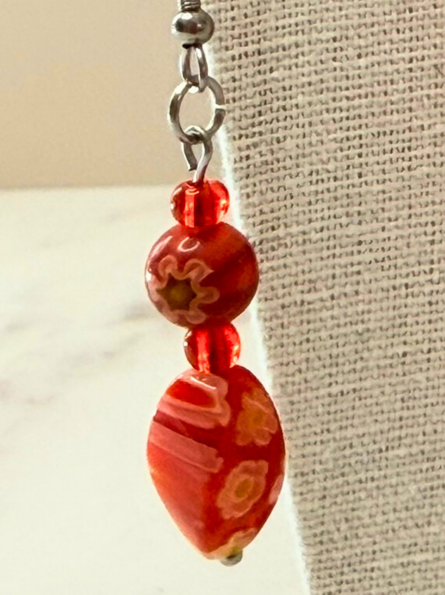 Millefiori Flower Earrings – Poppy, Colorful Glass Jewelry in Bold Red Floral Design, Stainless Steel