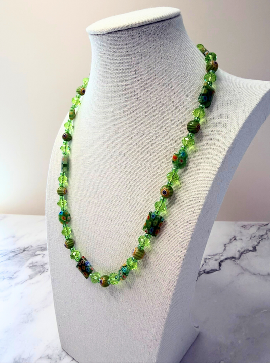 Millefiori Flower Necklace – Spring, Colorful Glass Jewelry in Fresh Green Floral Design, Stainless Steel