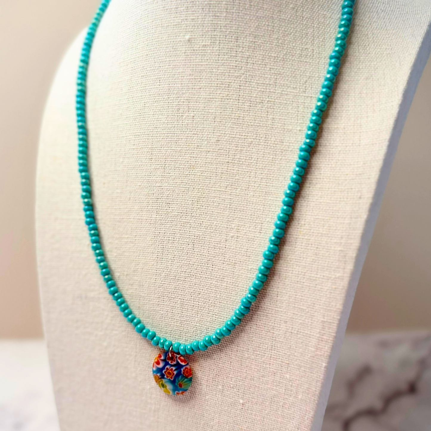 Ocean Daydream Millefiori Necklace – Aqua Beaded Floral Glass Pendant