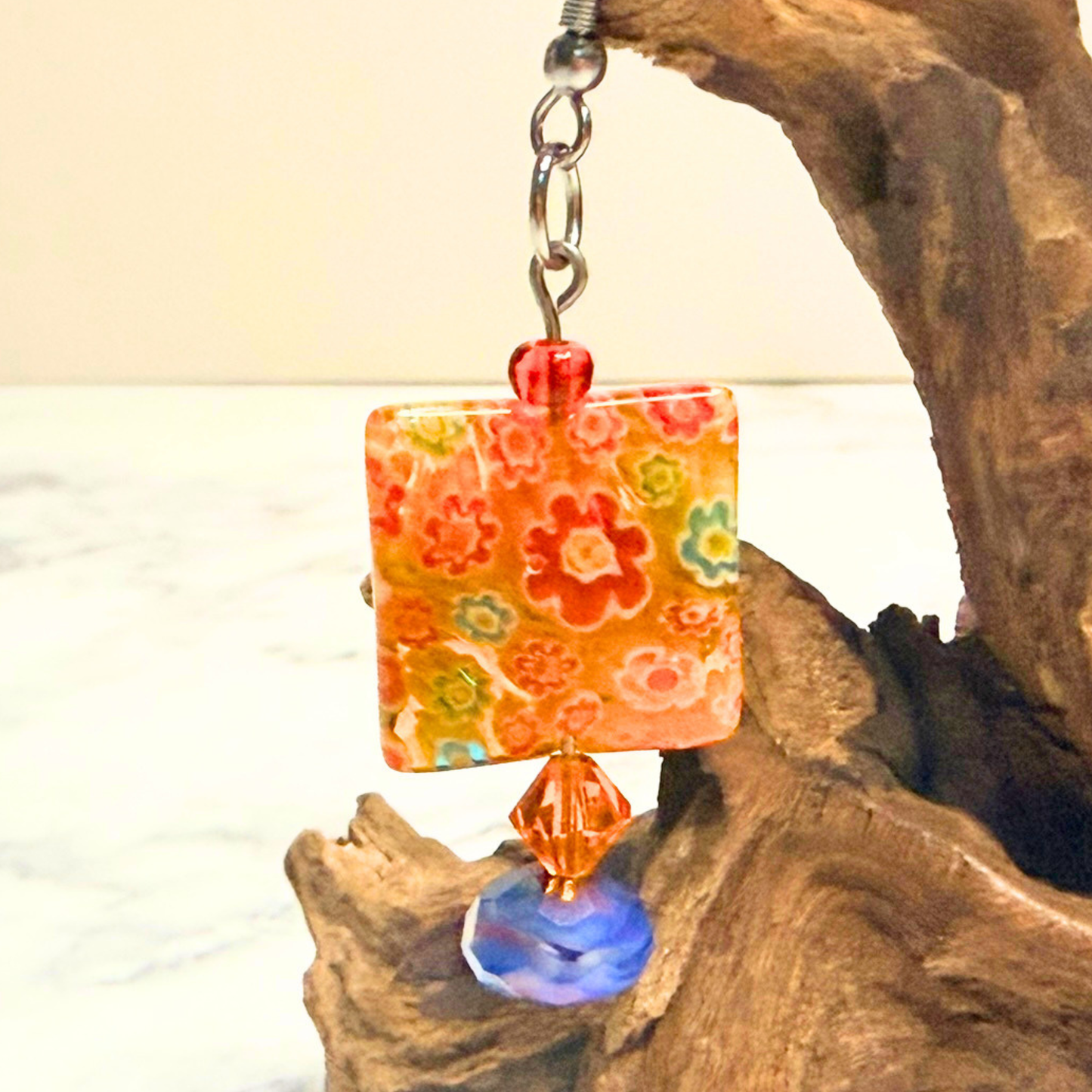 Sunrise Garden Millefiori Earrings – Orange & Blue Floral Glass Dangles