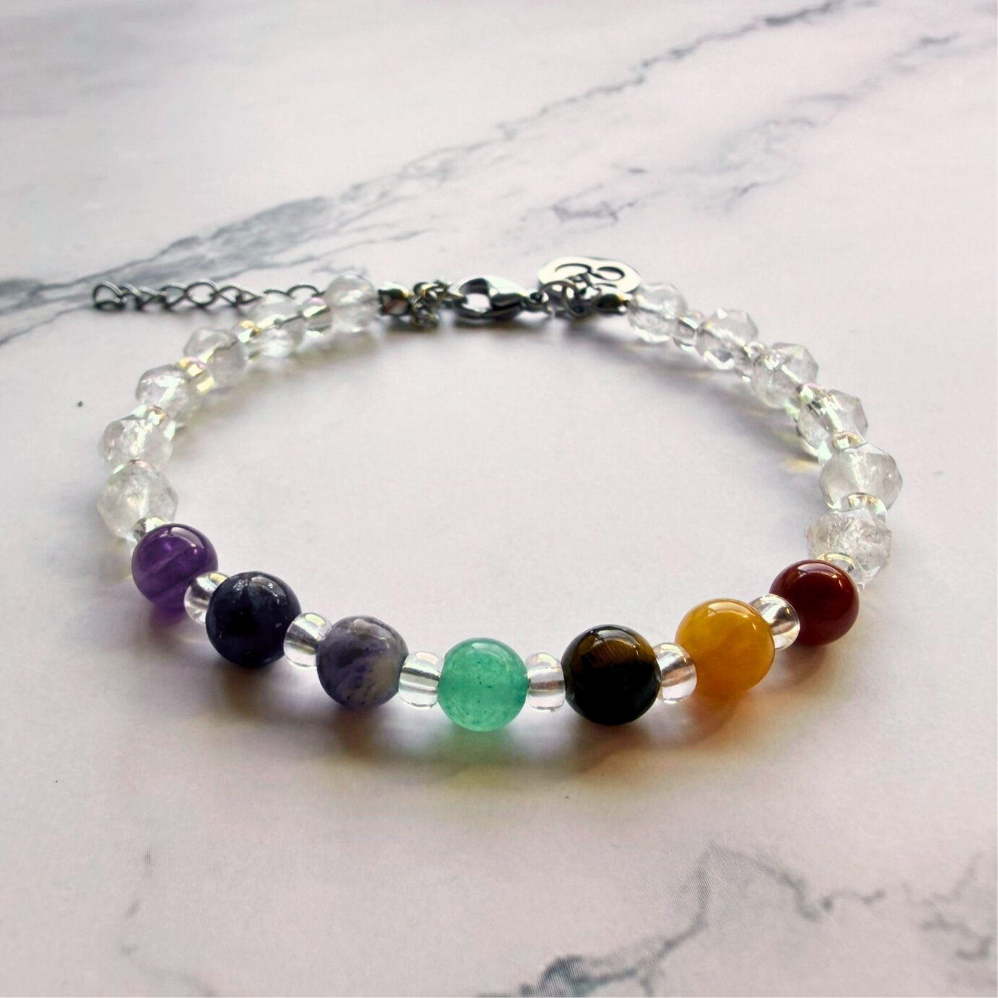 Chakra Bracelet – 7 Chakra Gemstone Jewelry for Balance & Clarity, Clear Quartz & Om Charm, Stainless Steel