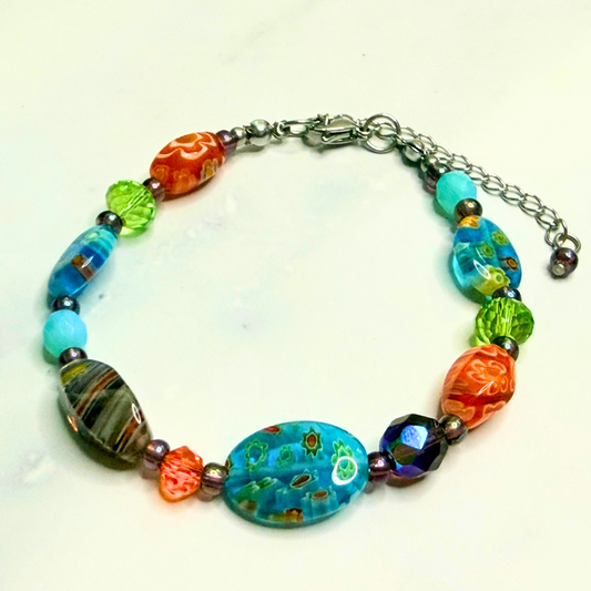 Millefiori Flower Bracelet – Wildflower, Colorful Glass Jewelry in Multicolor Floral Design, Stainless Steel