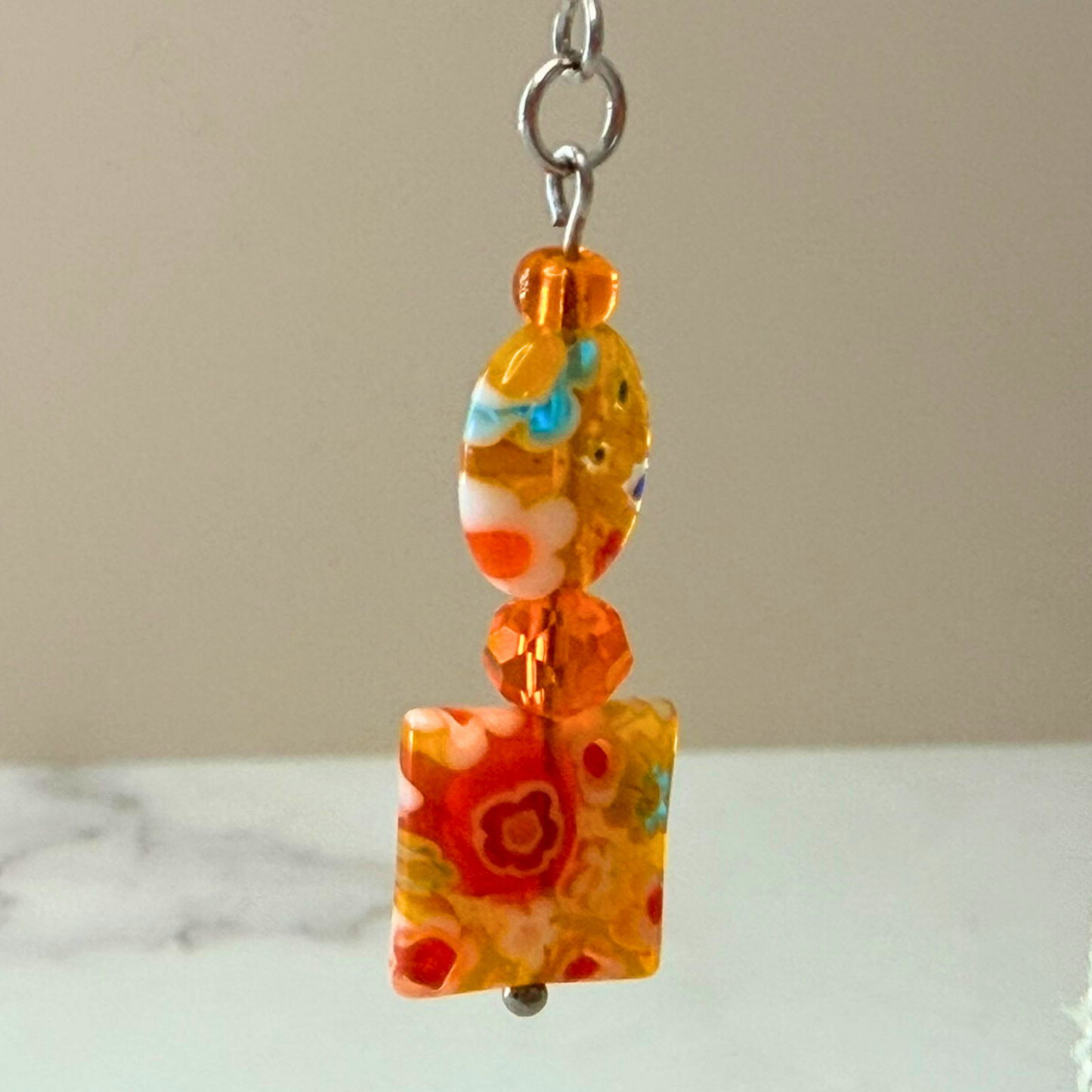 Millefiori Flower Earrings – Tiger Lily, Colorful Glass Jewelry in Orange Floral Design, Stainless Steel