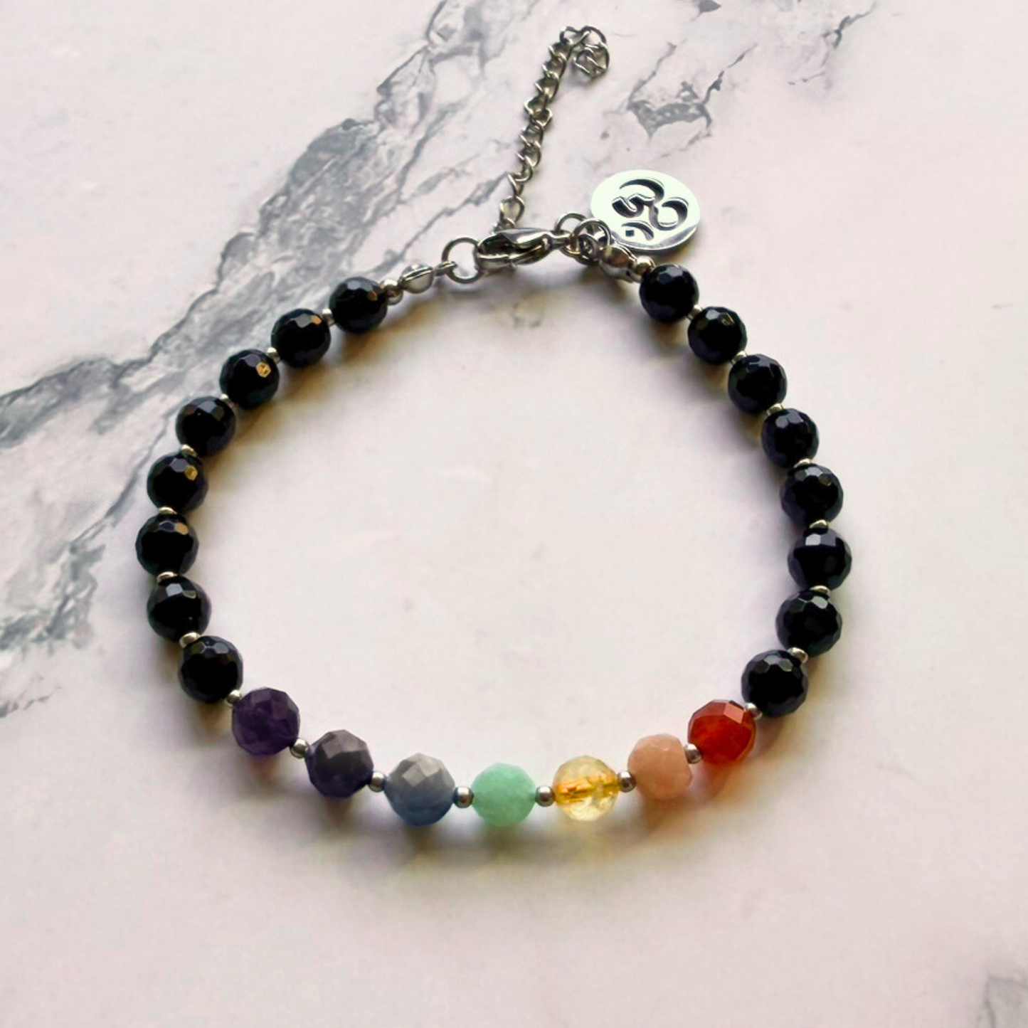 Chakra Bracelet – 7 Chakra Gemstone Jewelry for Balance & Symbolism, Onyx & Om Charm, Stainless Steel