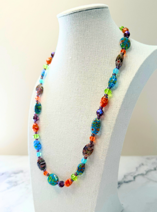 Millefiori Flower Necklace – Wildflower, Colorful Glass Jewelry in Multicolor Floral Design, Stainless Steel