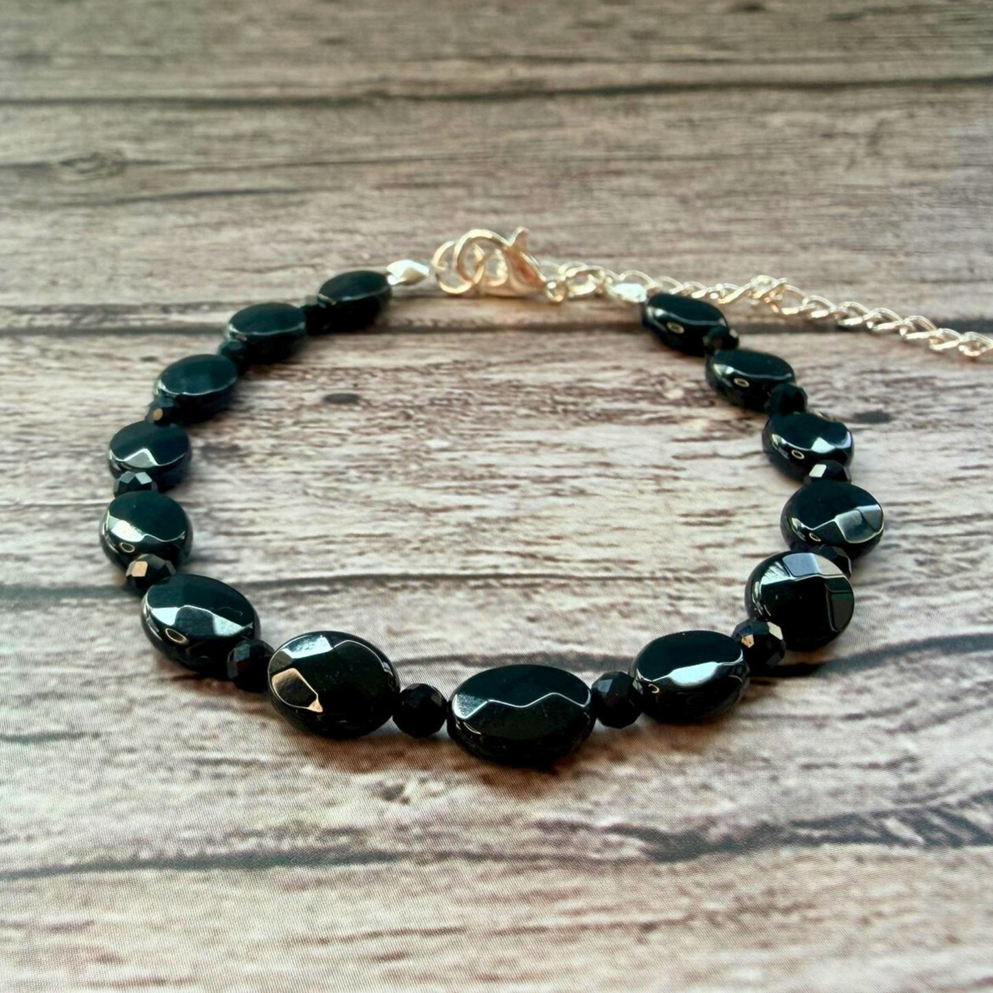 Faceted Onyx Bracelet – Minimalist Black Gemstone Jewelry, Stainless Steel