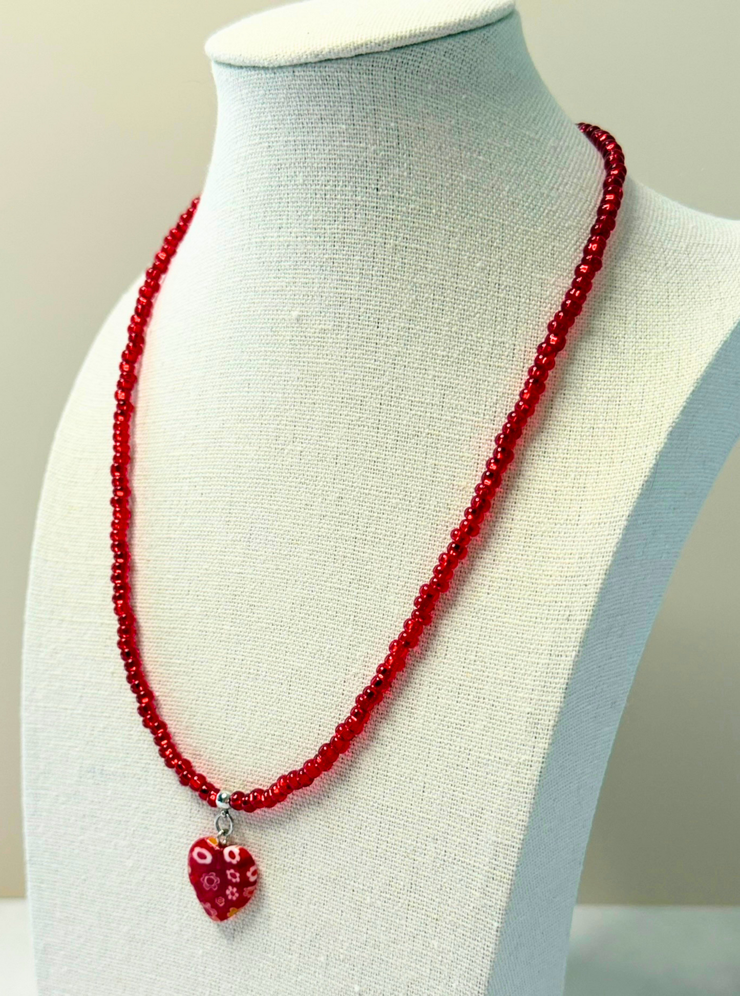 Heartfire Millefiori Heart Necklace – Red Beaded Floral Glass Pendant