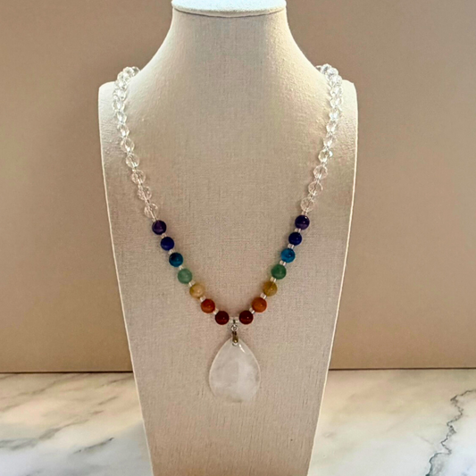 Chakra Statement Necklace – 7 Chakra Gemstone Jewelry for Balance & Clarity, Clear Quartz Pendant, Stainless Steel