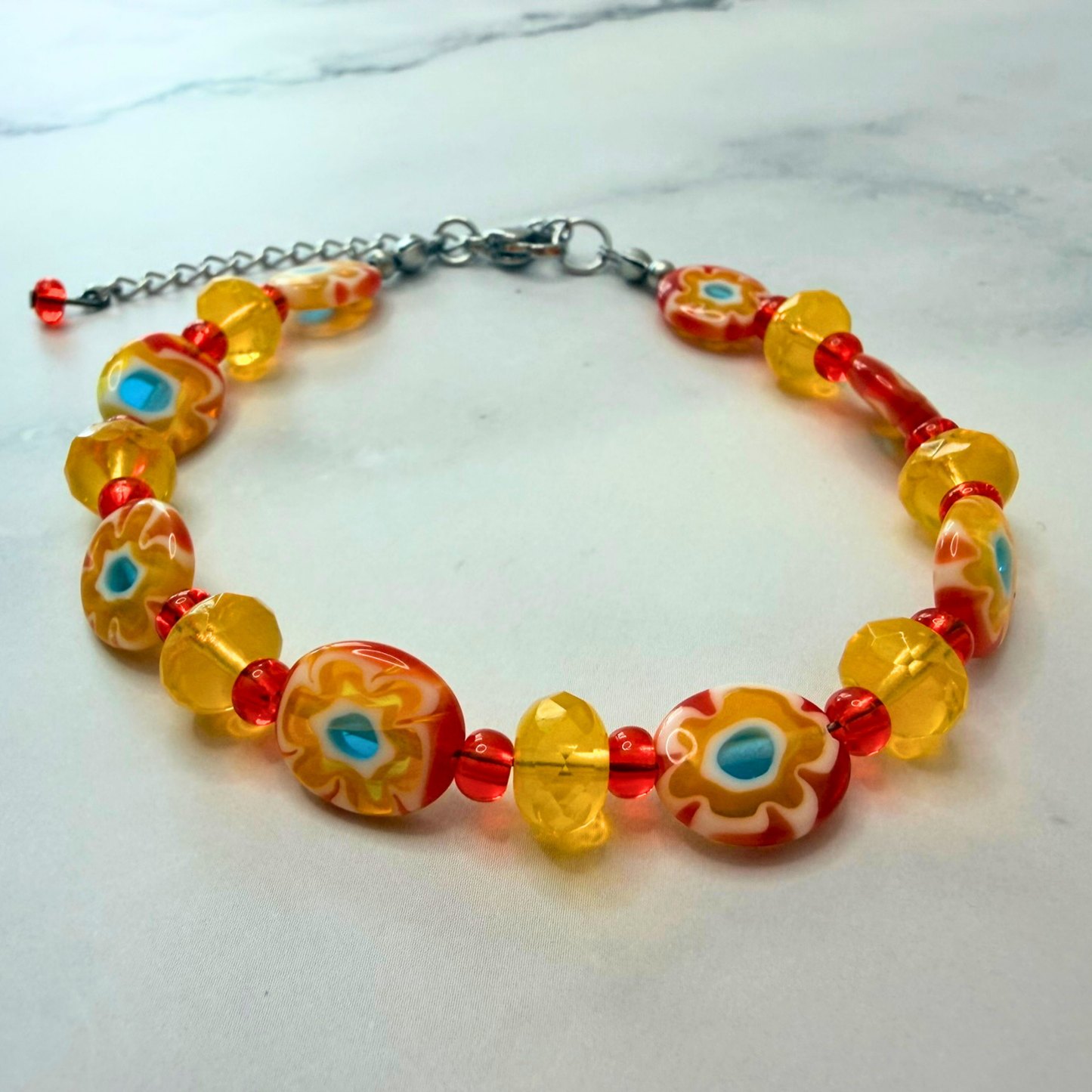Sunshine Blossom Millefiori Bracelet – Red & Yellow Floral Glass