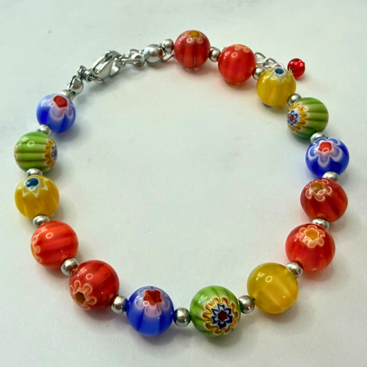 Millefiori Flower Bracelet – Enchanted Garden, Rainbow Colorful Glass Jewelry for Everyday Wear, Stainless Steel