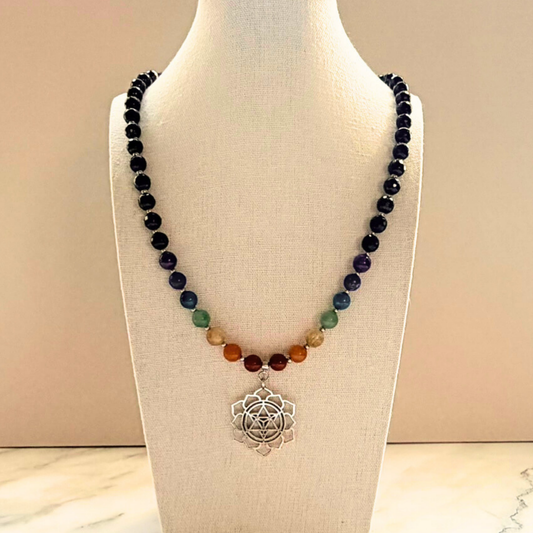 Chakra Statement Necklace – 7 Chakra Gemstone Jewelry for Balance & Symbolism, Onyx & Merkaba Pendant, Stainless Steel