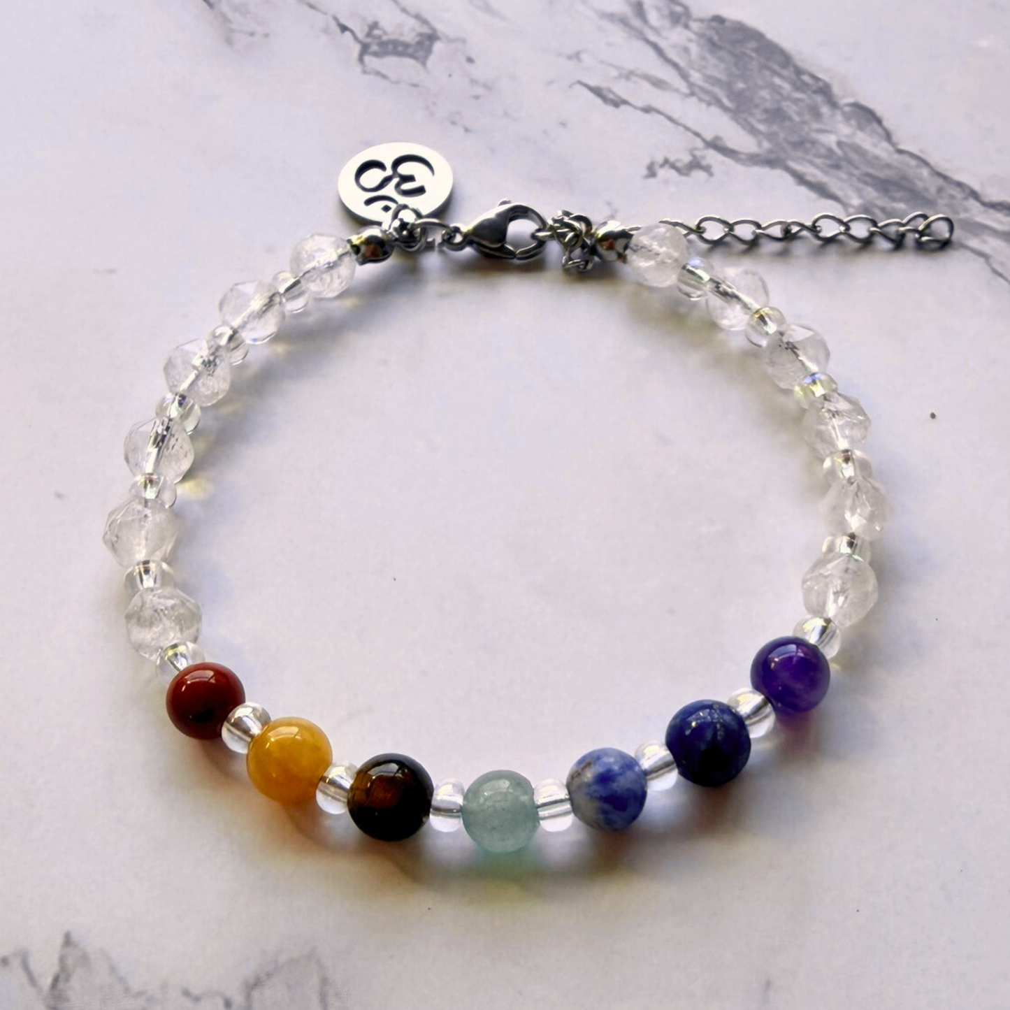 Chakra Bracelet – 7 Chakra Gemstone Jewelry for Balance & Clarity, Clear Quartz & Om Charm, Stainless Steel