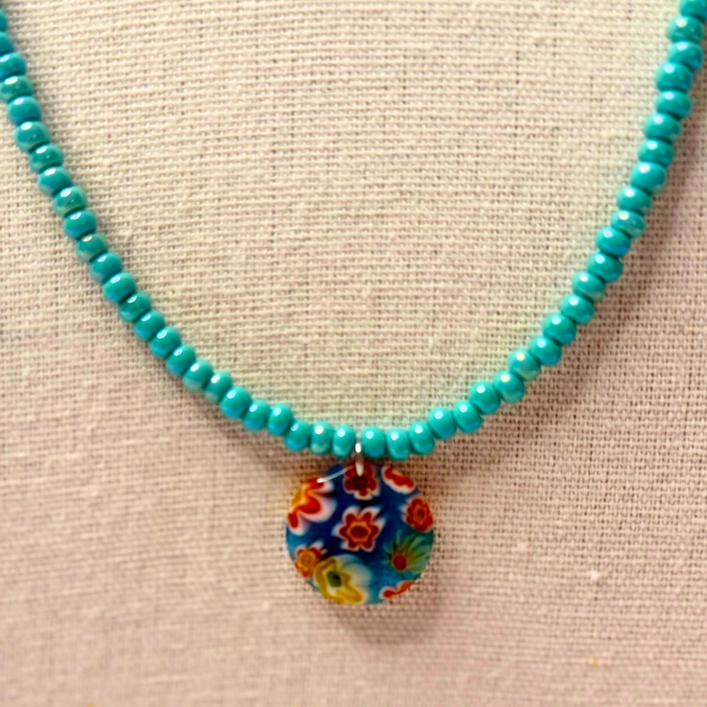 Ocean Daydream Millefiori Necklace – Aqua Beaded Floral Glass Pendant