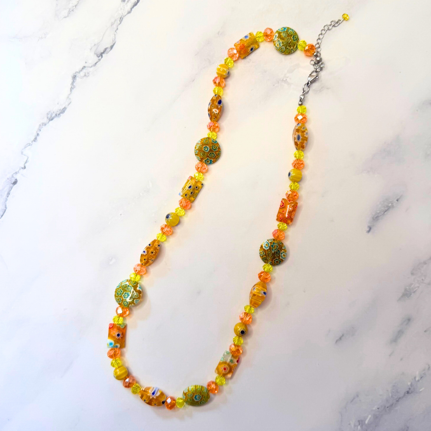 Millefiori Flower Necklace – Sunflower, Colorful Glass Jewelry in Bright Yellow Floral Design, Stainless Steel