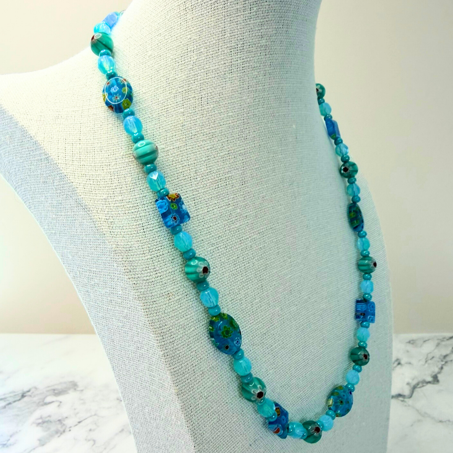 Millefiori Flower Necklace – Lagoon, Colorful Glass Jewelry in Aqua Blue Floral Design, Stainless Steel
