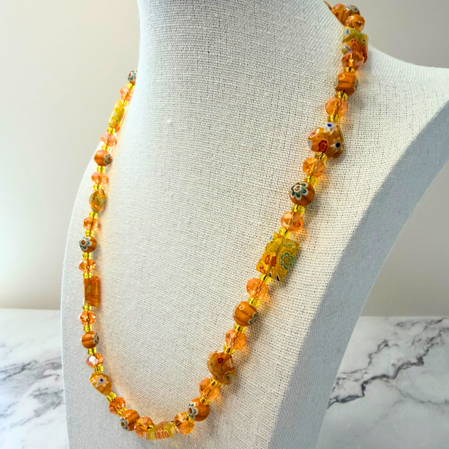 Millefiori Flower Necklace – Sunshine, Colorful Glass Jewelry in Orange Yellow Floral Design, Stainless Steel