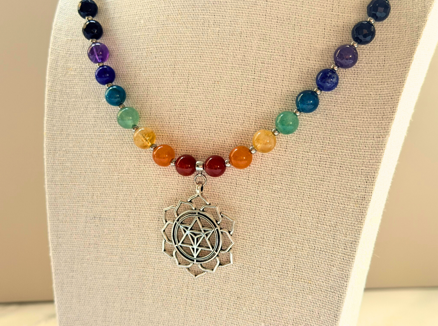Chakra Statement Necklace – 7 Chakra Gemstone Jewelry for Balance & Symbolism, Onyx & Merkaba Pendant, Stainless Steel