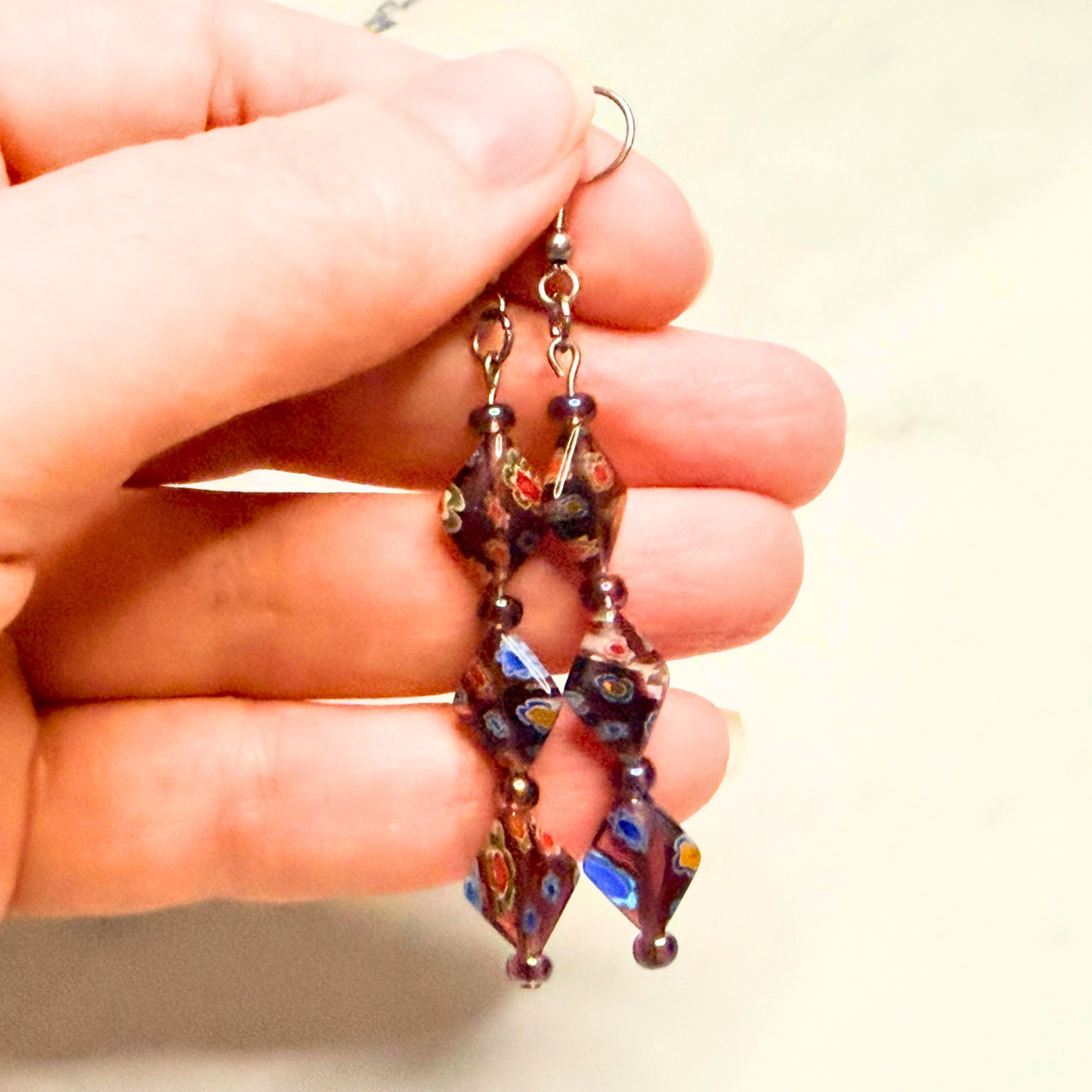 Cosmic Garden Earrings – Purple Millefiori & Amethyst Statement Dangles