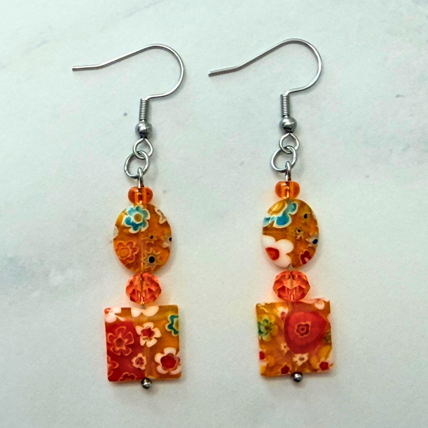 Millefiori Flower Earrings – Tiger Lily, Colorful Glass Jewelry in Orange Floral Design, Stainless Steel