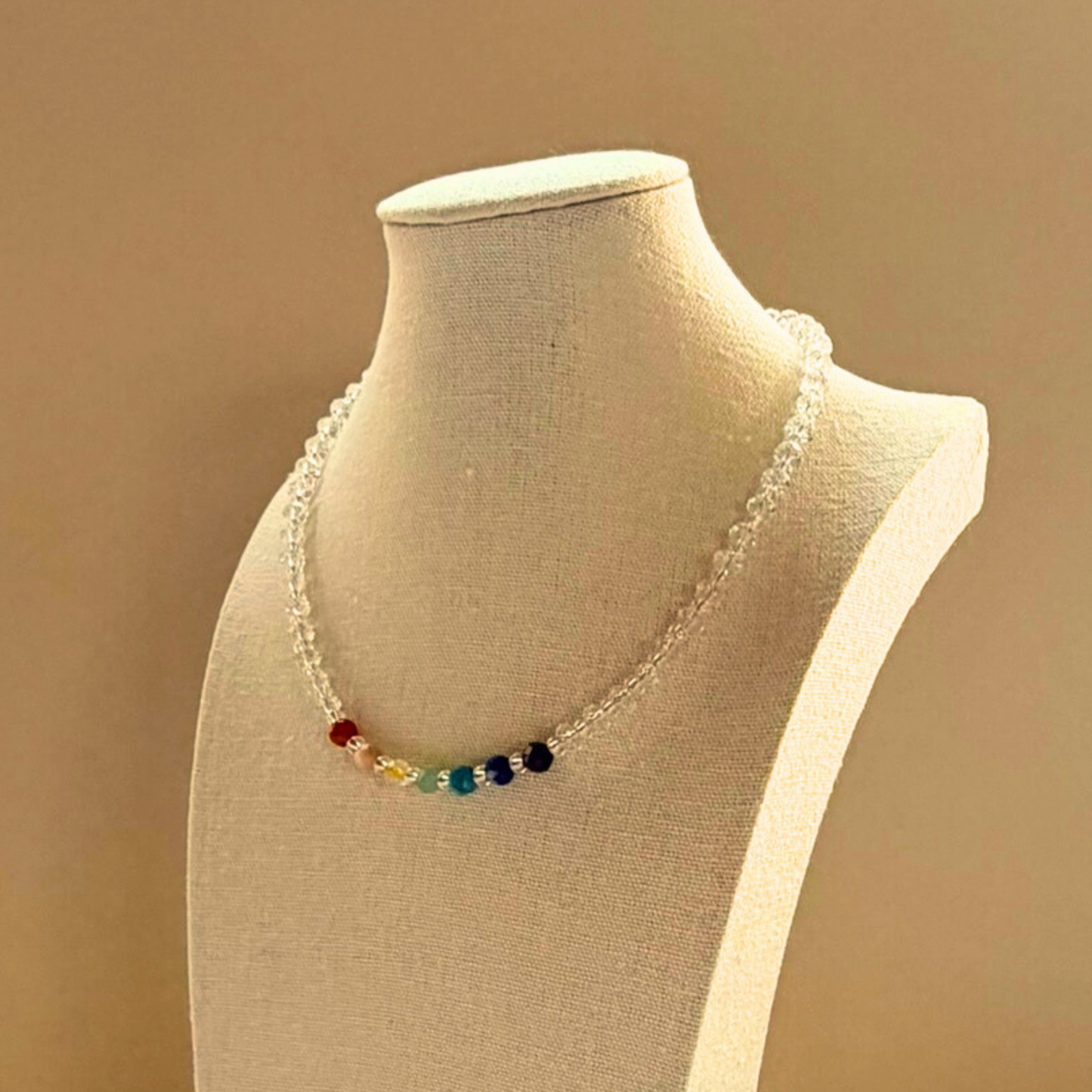 Chakra Choker Necklace – Minimalist 7 Chakra Gemstone Jewelry for Balance & Clarity, Clear Quartz, Stainless Steel