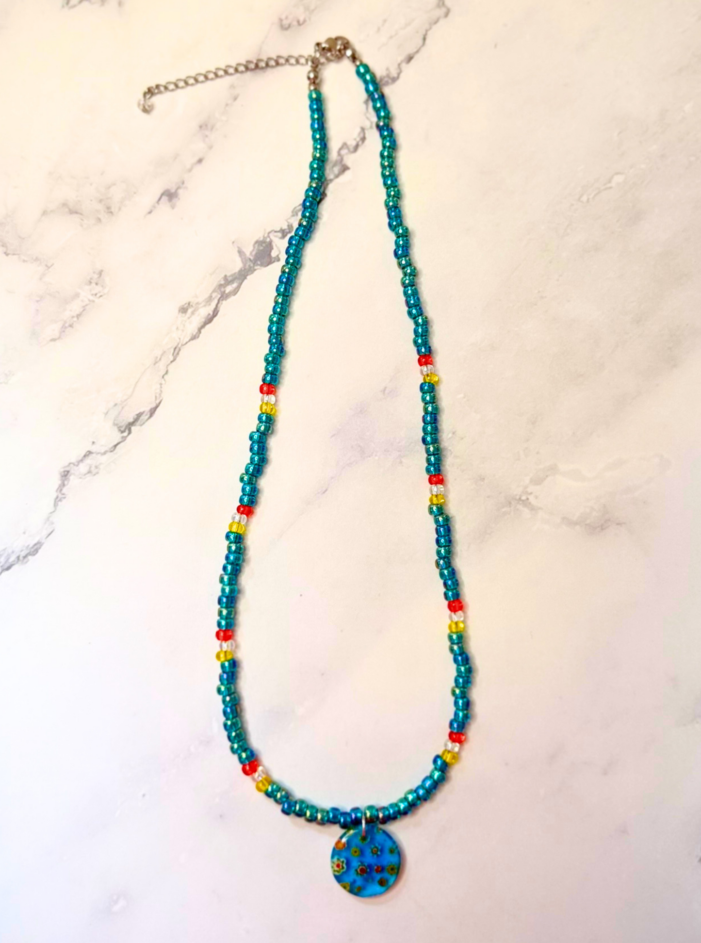 Seaside Daydream Millefiori Necklace – Teal Beaded Floral Glass Pendant
