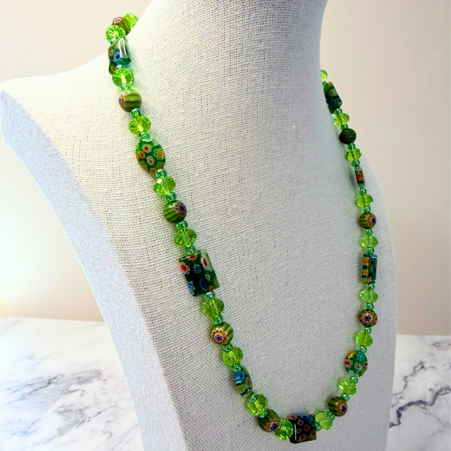 Millefiori Flower Necklace – Spring, Colorful Glass Jewelry in Fresh Green Floral Design, Stainless Steel