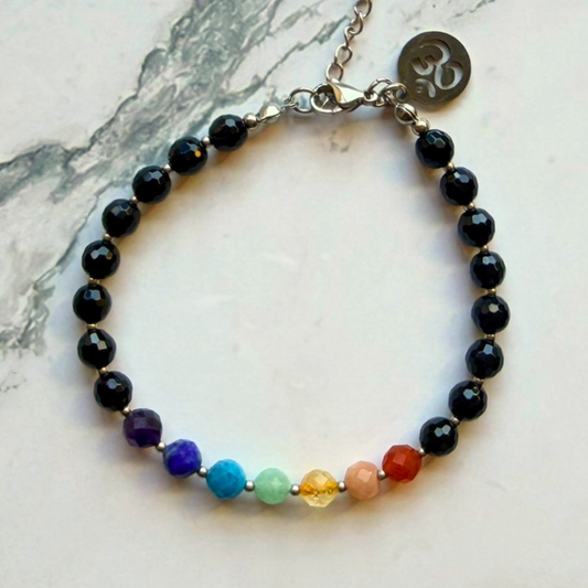 Chakra Bracelet – 7 Chakra Gemstone Jewelry for Balance & Symbolism, Onyx & Om Charm, Stainless Steel
