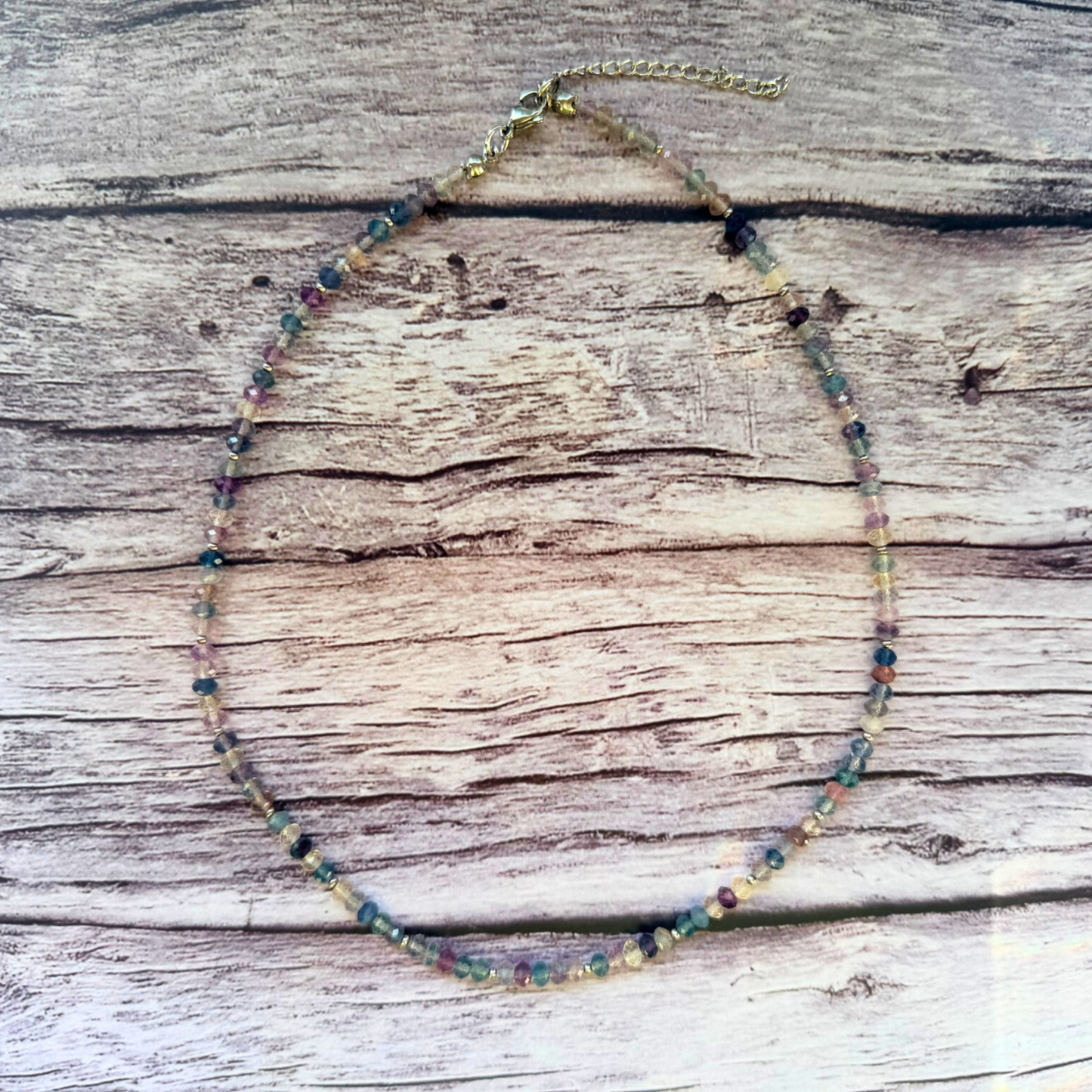 Faceted Fluorite Necklace – Minimalist Multicolor Gemstone Jewelry, Stainless Steel