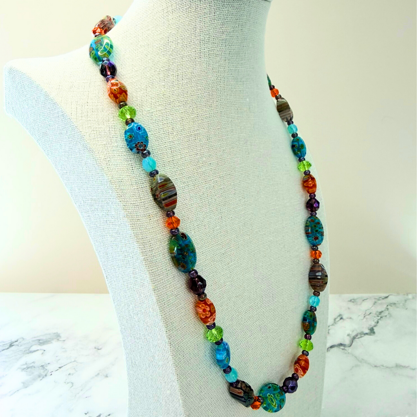 Millefiori Flower Necklace – Wildflower, Colorful Glass Jewelry in Multicolor Floral Design, Stainless Steel