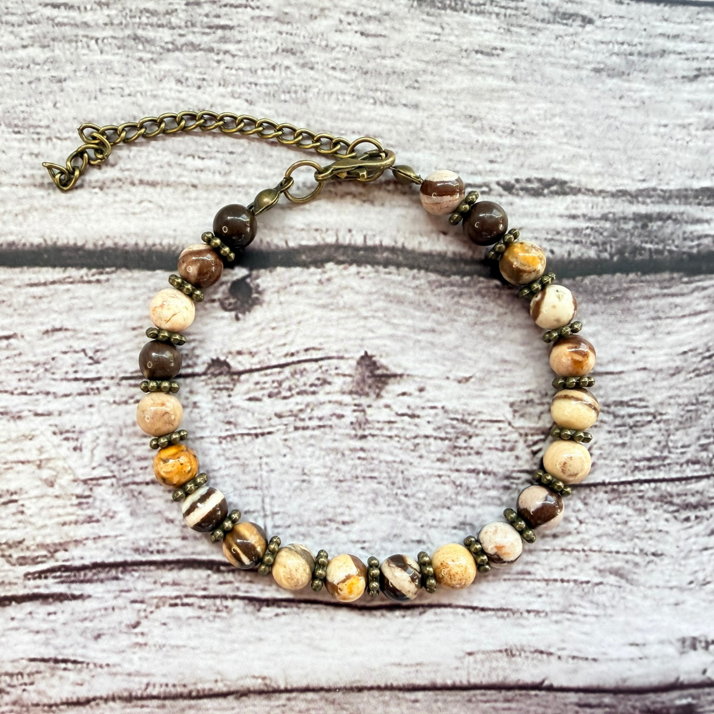 Brown Zebra Jasper Bracelet – Boho Earth Tone Gemstone Jewelry, Antique Bronze